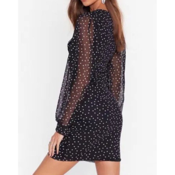 NASTY GAL Spot Right There Mesh Mini Dress 6 Stretch Sexy Slinky Black Dots 9462 - Picture 3 of 14